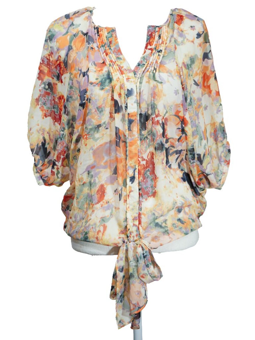 Flowy Balloon Sleeve Top Sheer David Bitton Water Color Flowy Feminine Floral